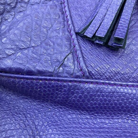 Empress, Vintage Purple Embossed Leather Shoulder Bag, Ruching & Tassel Accent - Picture 10 of 15
